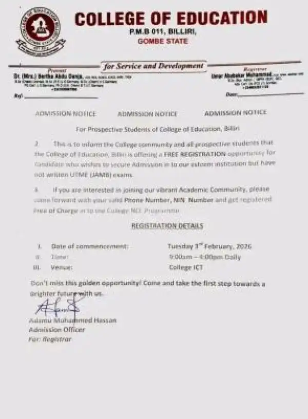 College of Education, Billiri announces free admission registration for prospective students