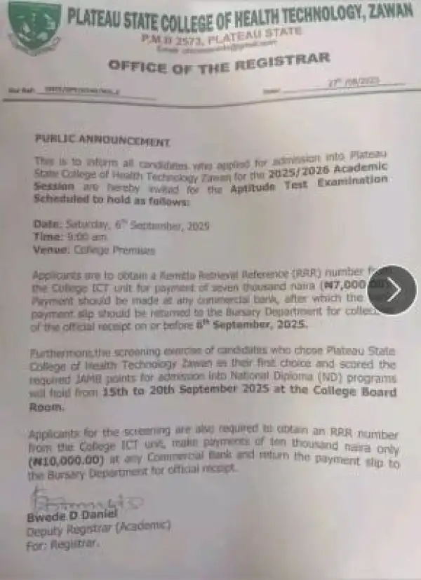 Plateau State College of Health Tech. Zawan aptitude test date, 2025/2026