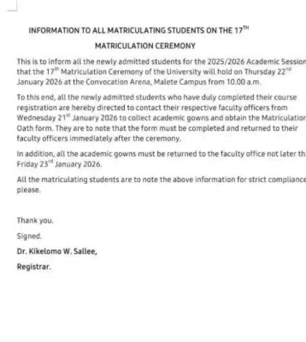 KWASU notice on matriculation ceremony, 2025/2026