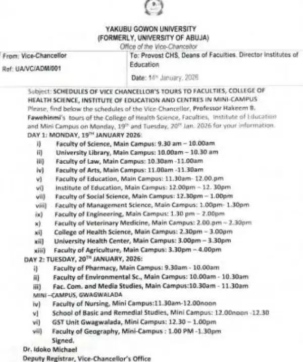 UNIABUJA announces schedule for VC