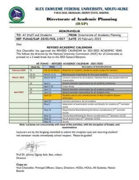 FUNAI revised academic calendar for 2021/2022 session