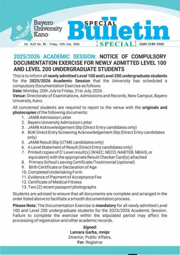 BUK notice on compulsory documentation exercise for freshmen