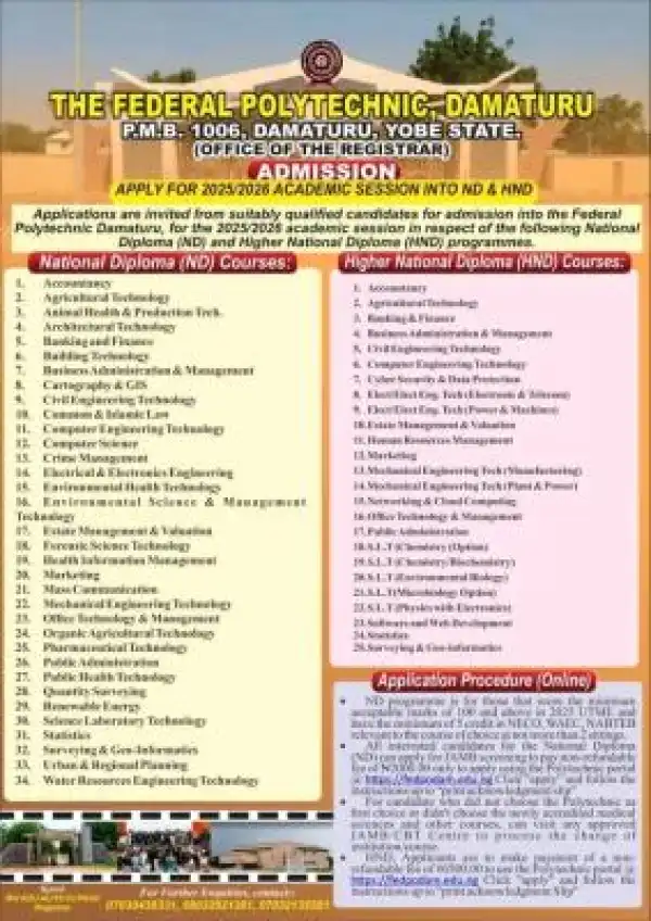 Federal Polytechnic Damaturu releases ND/HND admission form, 2025/2026