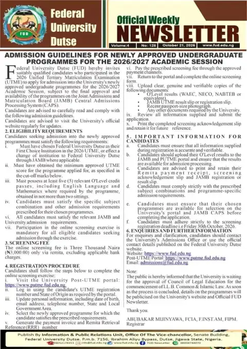 FUDUTSE admission guidelines for newly approved programmes, 2026/2027