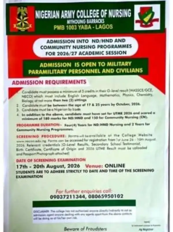 Nigerian Army College of Nursing Sciences, Yaba ND/HND Admission, 2026/2027