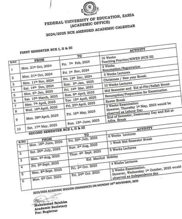FUE, Zaria NCE 2nd semester amended academic calendar, 2024/2025