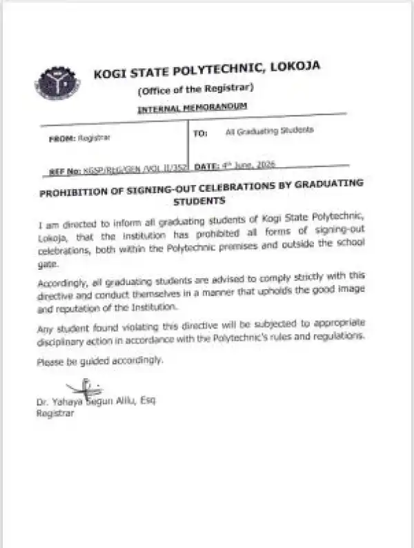Kogi State Polytechnic bans signing-out celebrations for graduating students