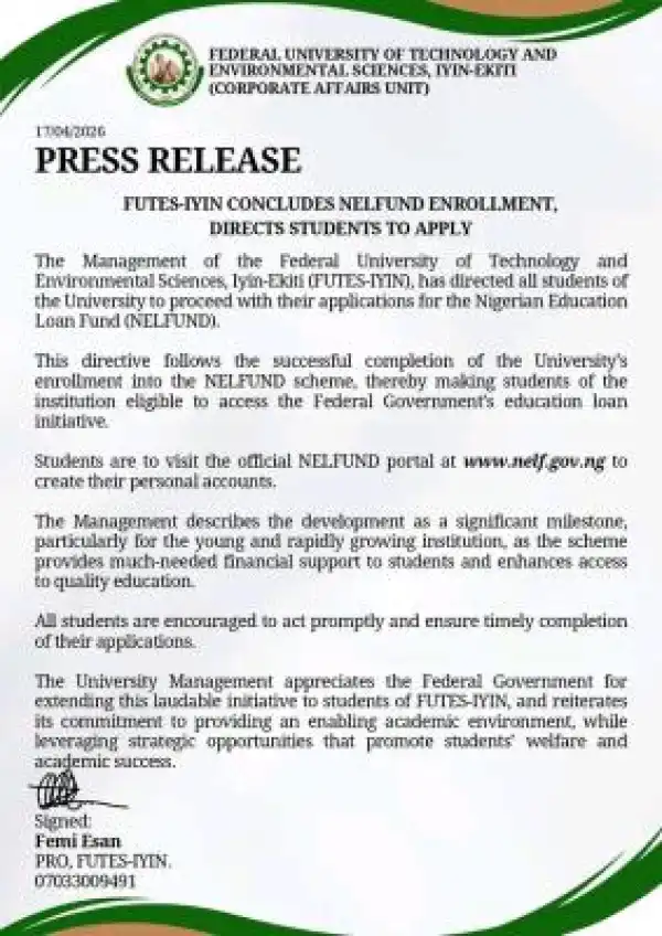 FUTES-IYIN concludes NELFUND enrollment, directs students to apply