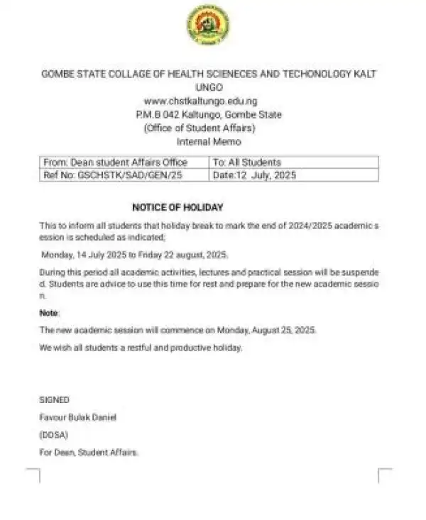 Gombe College of Health Science and Tech. notice of Holiday break