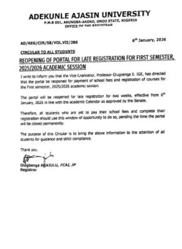 AAUA reopens portal for late registration of courses for 1st semester, 2025/2026