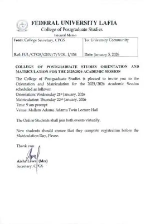 FULAFIA Postgraduate Orientation and Matriculation for 2025/2026 Session