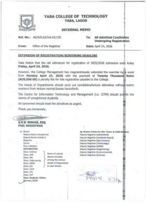 YABATECH extends Screening/registration for news students, 2025/2026