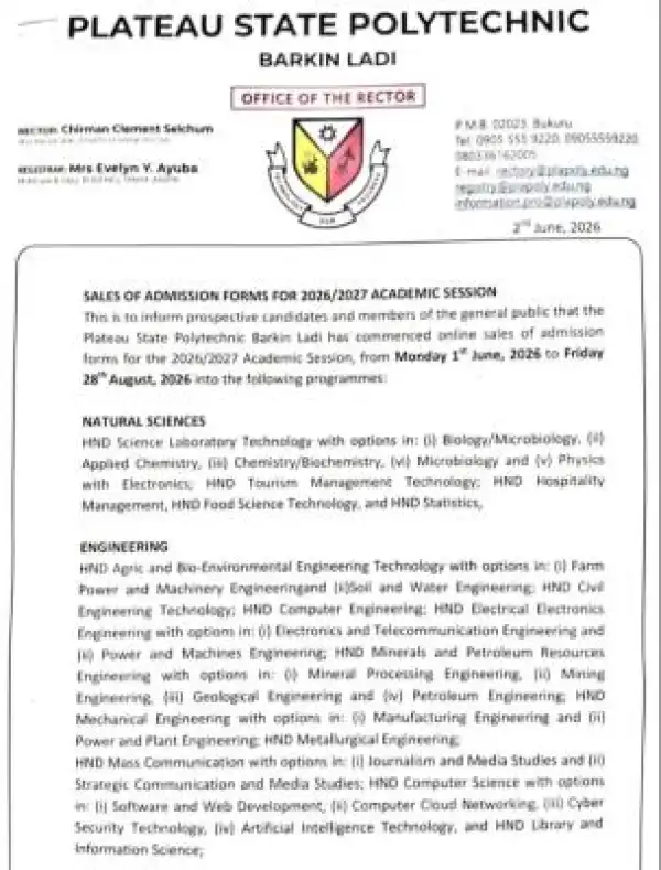 PLAPOLY ND/HND admissions for 2026/2027 session