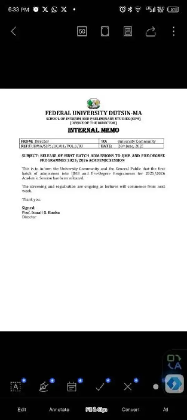 FUDustin-ma IJMB/Pre-degree admission list, 2025/2026