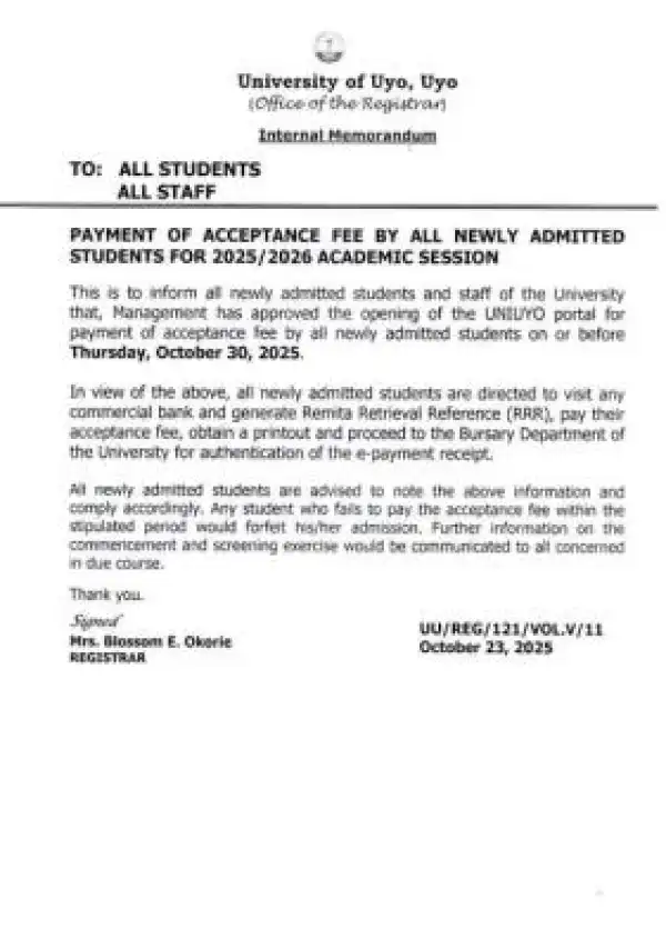 UNIUYO announces deadline for the payment of acceptance fee, 2025/2026