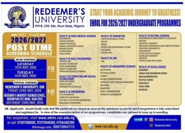 Redeemer University Post-UTME 2026: Cut off mark, Eligibility and Registration Procedures