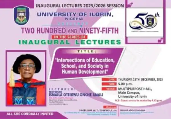 UNILORIN to hold 295th Inaugural Lecture on Education and Human Development