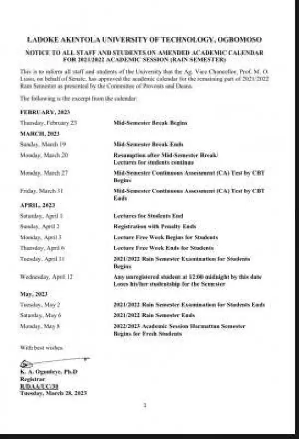 LAUTECH amended academic calendar (Rain Semester), 2021/2022