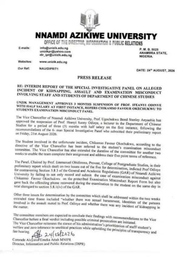 UNIZIK suspends Prof. Ifeanyi Sunny Odinye