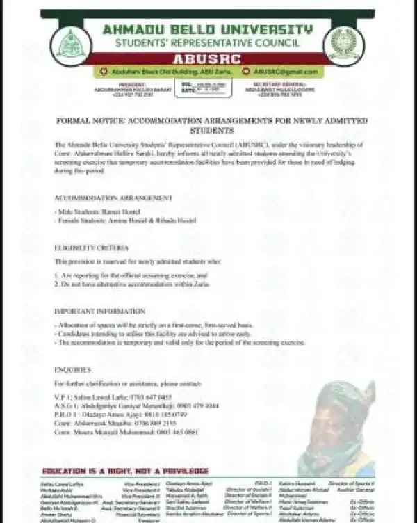 ABU Students Council announces temporary accommodation for newly admitted students