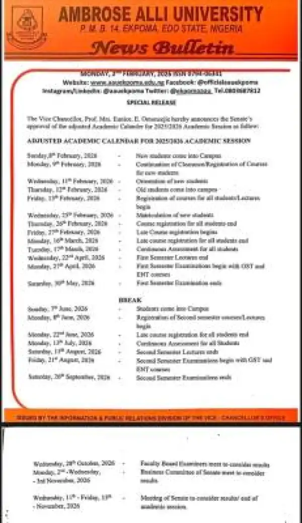 AAU releases 2025/2026 Adjusted Academic Calendar