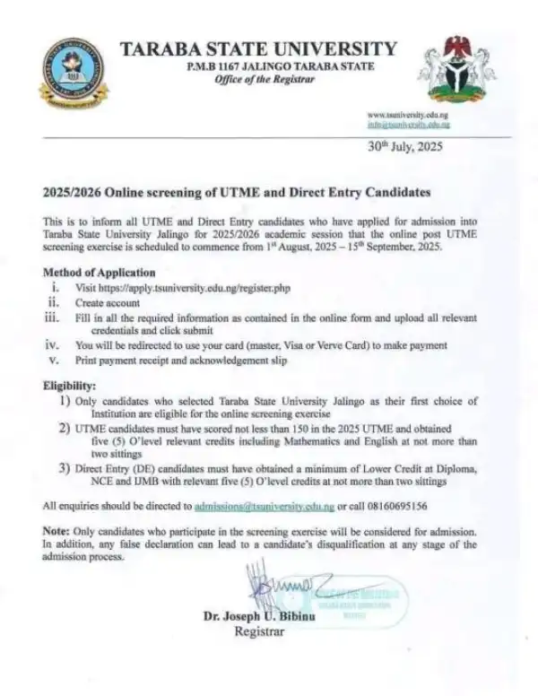 TASU Post-UTME/DE 2025: Cut-off mark, Eligibility and Registration Details
