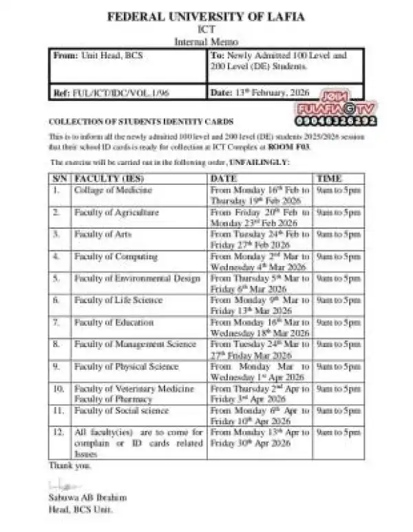 FULafia notice to news students regarding schedule for collection of Students’ Identity Cards