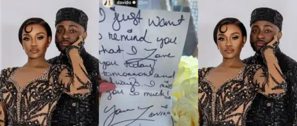 “Intentional Man”- Davido Leaves Fans Gushing As He Shares Love Note To Chioma
