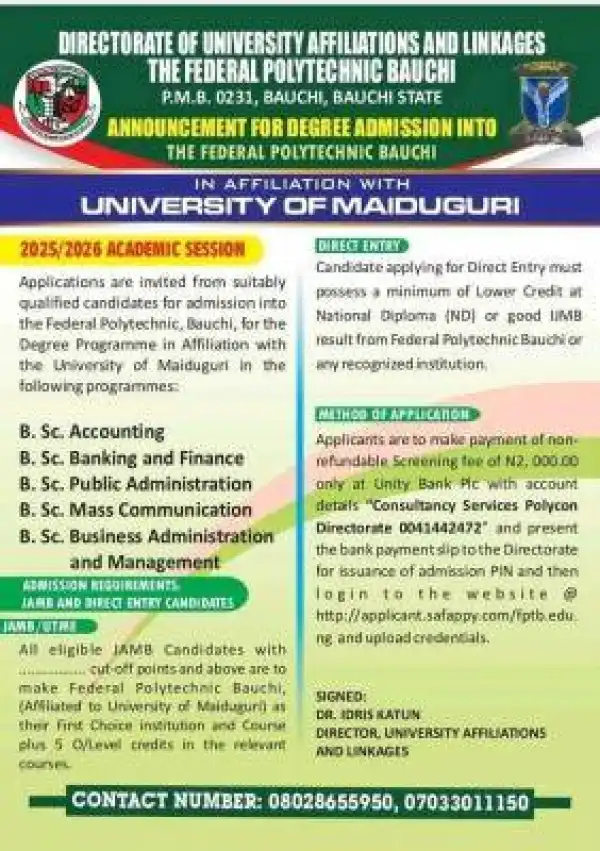 Fed Poly Bauchi in affiliation with UNIMAID releases Degree admission form, 2025/2026