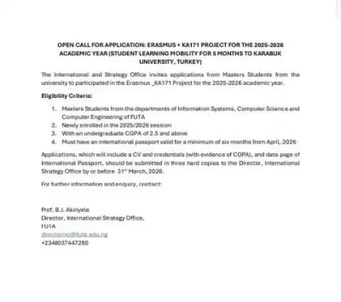 FUTA announces Erasmus+ KA171 2025/2026 Mobility Opportunity to Karabük University, Turkey