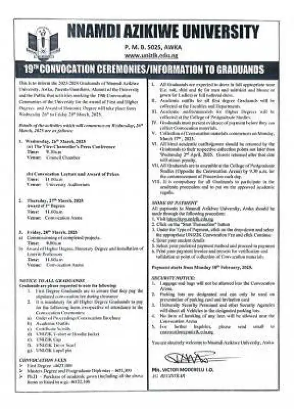 UNIZIK schedule of 19th convocation Ceremony and notice to all graduands