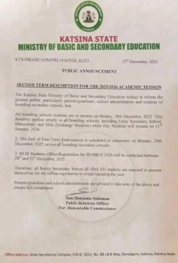 Katsina State Ministry of Education announces 2nd term resumption date