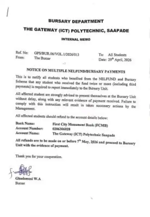 Gateway ICT Polytechnic, Saapade notice on multiple NELFUND payments to beneficiaries