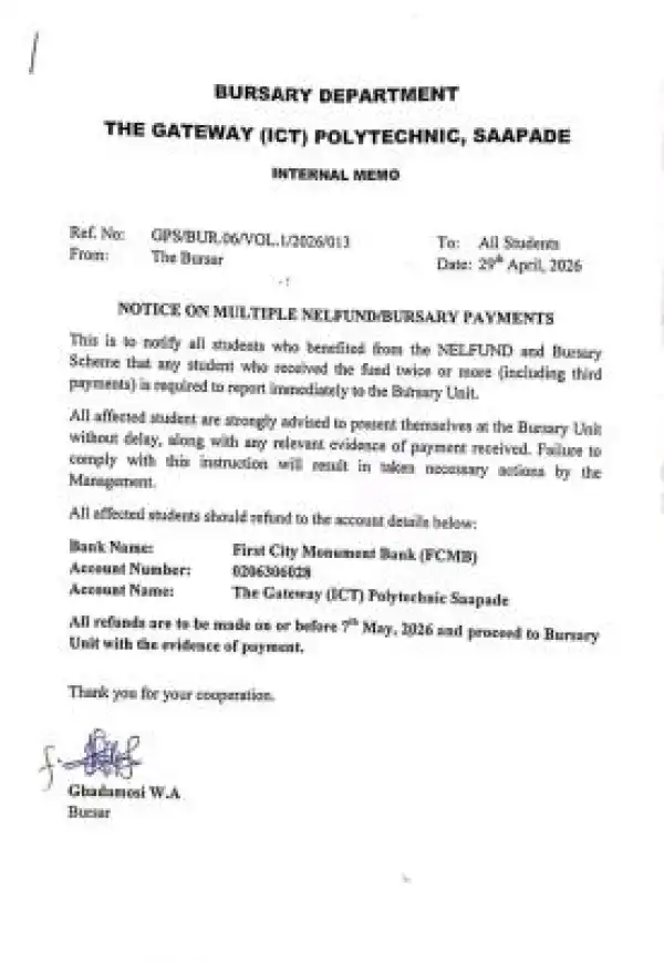 Gateway ICT Polytechnic, Saapade notice on multiple NELFUND payments to beneficiaries
