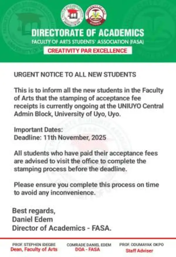 UNIUYO faculty of Arts notice to news students on deadline for stamping of acceptance fee receipts