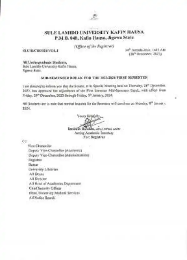 SLU notice to students on commencement of mid-semester break