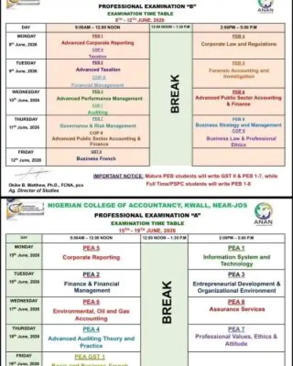 Nigerian College of Accountancy notice of June 2026 exam timetable