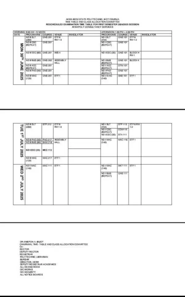 Akwa Poly Consultancy programmes adjusted 1st semester exam timetable, 2024/2025