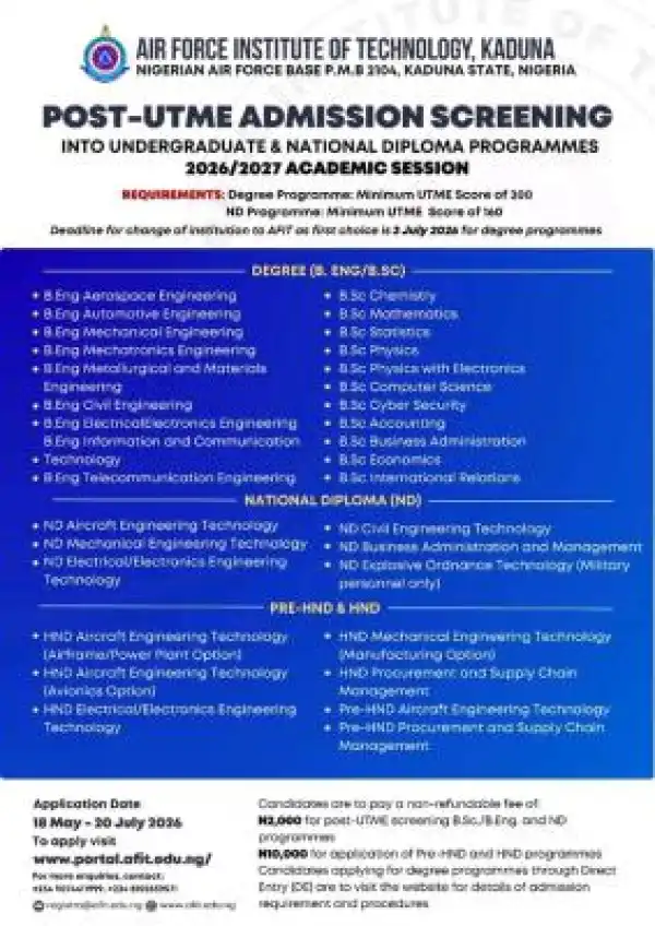 AFIT Post-UTME/DE 2026: Cut-off mark, Eligibility and Registration Details