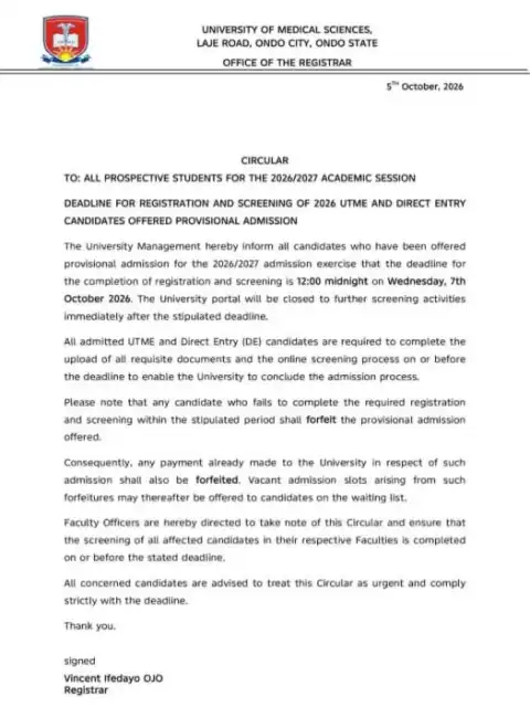 UNIMED announces deadline for registration of newly admitted students, 2026/2027