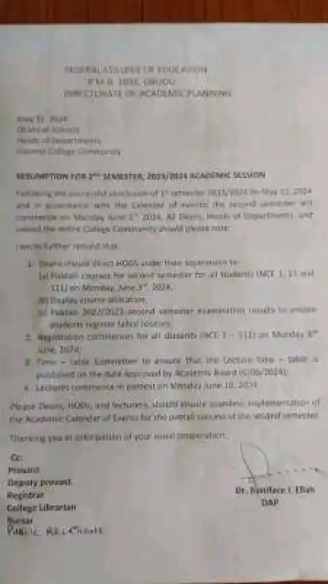 FCE Obudu notice on resumption of second semester, 2023/2024 session