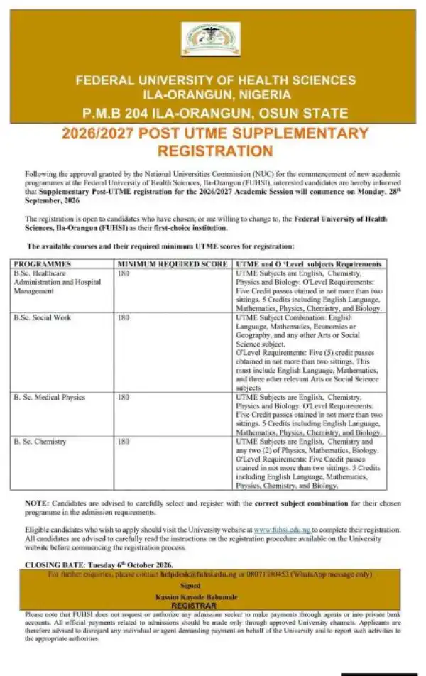 FUHSI supplementary Admission form, 2026/2027