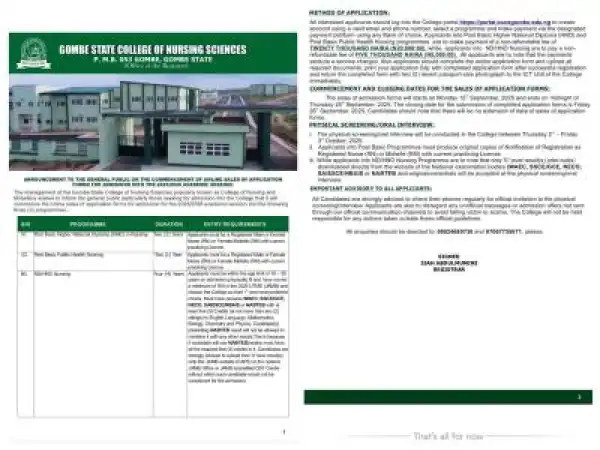 Gombe State College of Nursing Sciences releases admission forms for 2025/2026 session