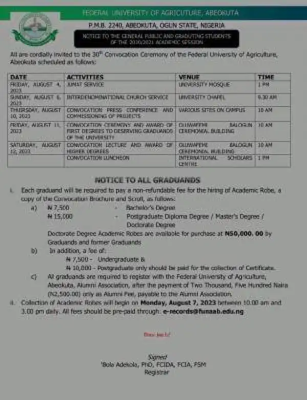 FUNAAB 30th Convocation Ceremony programme of events