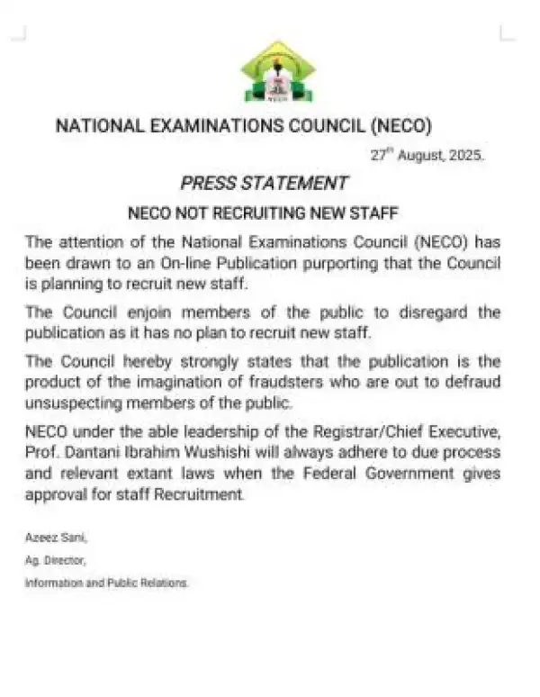 NECO disclaims recruitment publication