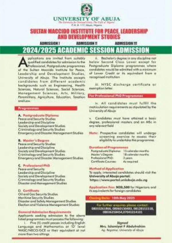 UNIABUJA Sultan Maccido Institute for Peace Leadership & Devt. Studies Postgraduate admission, 2024/2025
