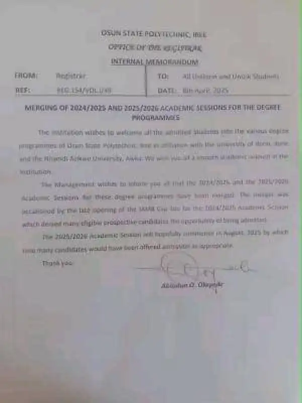 OSPOLY merges 2024/2025 & 2025/2026 academic session for degree Programmes