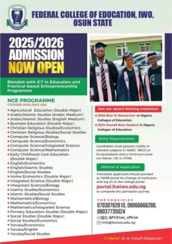 Federal College of Education, Iwo NCE Admission, 2025/2026