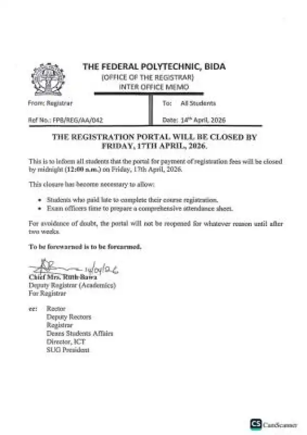 Fed Poly Bida notice to students on closure of registration portal