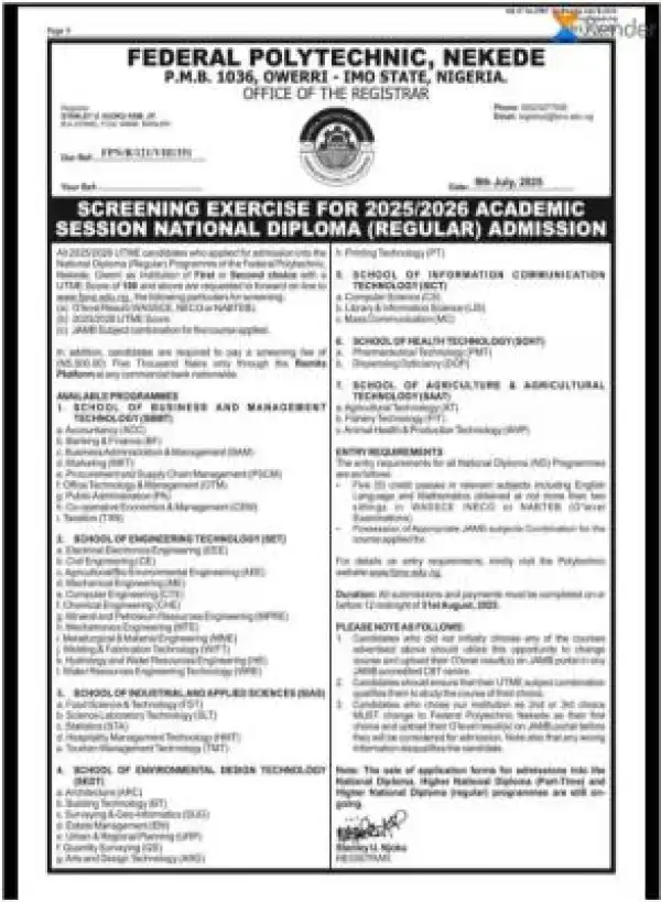 NEKEDEPOLY Post-UTME 2025: Cut-off mark, Eligibility and Registration Details